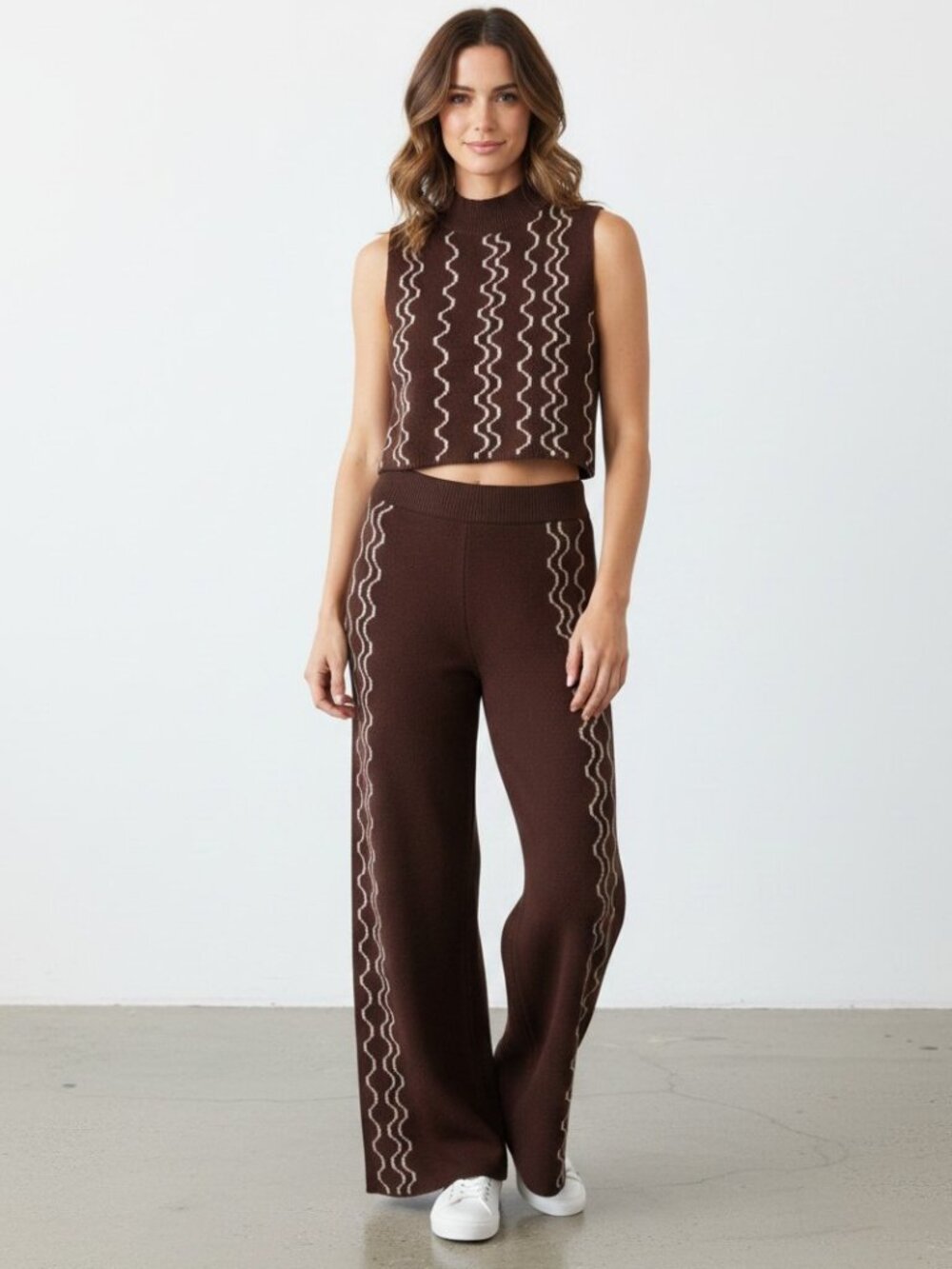 Papermoon Brown Knit Mock Neck Sleeveless Crop Top Wide Leg Pant Set Womens L